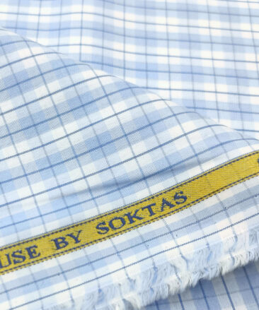 Soktas Men's Cotton Checks 2 Meter Unstitched Shirting Fabric (White & Blue)