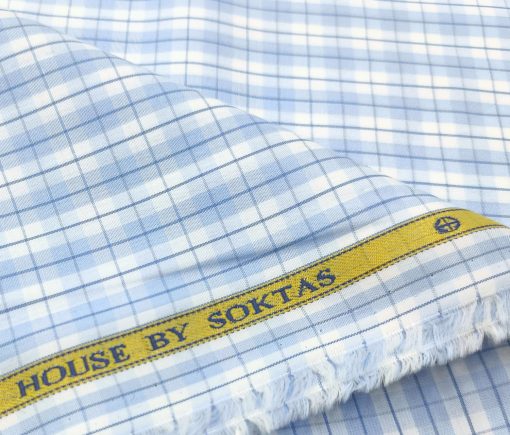 Soktas Men's Cotton Checks 2 Meter Unstitched Shirting Fabric (White & Blue)