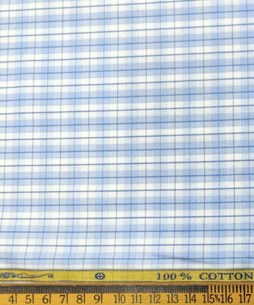 Soktas Men's Cotton Checks 2 Meter Unstitched Shirting Fabric (White & Blue)