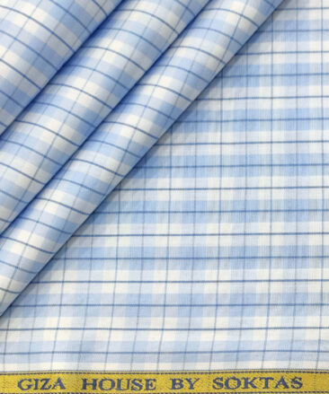 Soktas Men's Cotton Checks 2 Meter Unstitched Shirting Fabric (White & Blue)