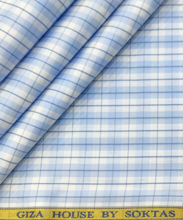 Soktas Men's Cotton Checks 2 Meter Unstitched Shirting Fabric (White & Blue)