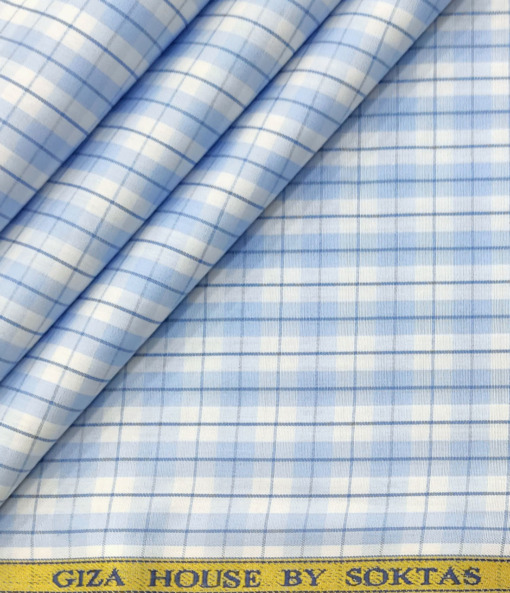 Soktas Men's Cotton Checks 2 Meter Unstitched Shirting Fabric (White & Blue)