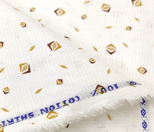 Solino Men's Cotton Printed 2.25 Meter Unstitched Shirting Fabric (White & Brown)