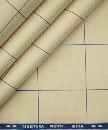 Tessitura Monti Men's Giza Cotton Checks 2 Meter Unstitched Shirting Fabric (Beige & Blue)