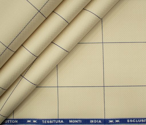 Tessitura Monti Men's Giza Cotton Checks 2 Meter Unstitched Shirting Fabric (Beige & Blue)