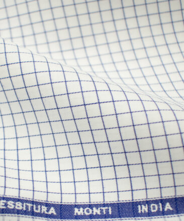 Tessitura Monti Men's Giza Cotton Checks 2 Meter Unstitched Shirting Fabric (White & Blue)