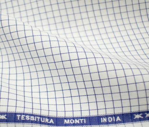 Tessitura Monti Men's Giza Cotton Checks 2 Meter Unstitched Shirting Fabric (White & Blue)