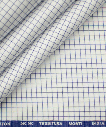 Tessitura Monti Men's Giza Cotton Checks 2 Meter Unstitched Shirting Fabric (White & Blue)