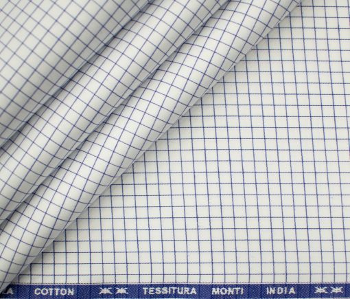 Tessitura Monti Men's Giza Cotton Checks 2 Meter Unstitched Shirting Fabric (White & Blue)