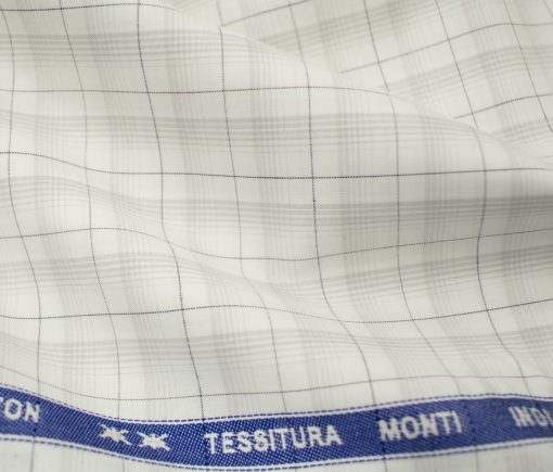 Tessitura Monti Men's Giza Cotton Checks 2 Meter Unstitched Shirting Fabric (White & Grey)