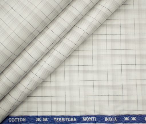 Tessitura Monti Men's Giza Cotton Checks 2 Meter Unstitched Shirting Fabric (White & Grey)