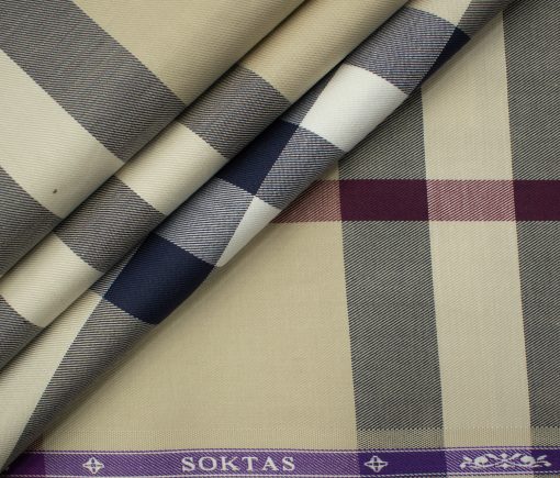 Soktas Men's Giza Cotton Checks 2 Meter Unstitched Shirting Fabric (Beige & Blue)