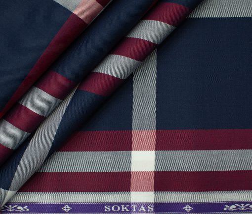 Soktas Men's Giza Cotton Checks 2 Meter Unstitched Shirting Fabric (Dark Blue & White)