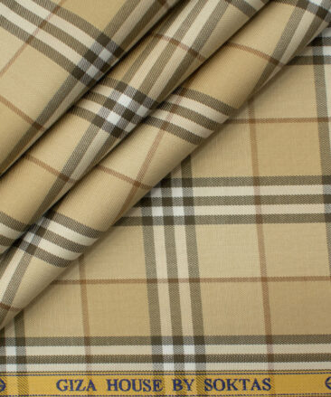 Soktas Men's Giza Cotton Checks 2 Meter Unstitched Shirting Fabric (Beige & Brown)