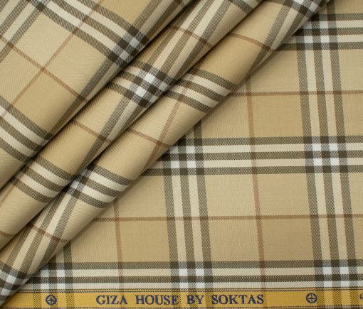 Soktas Men's Giza Cotton Checks 2 Meter Unstitched Shirting Fabric (Beige & Brown)