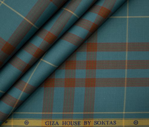 Soktas Men's Giza Cotton Checks 2 Meter Unstitched Shirting Fabric (Teal Blue)