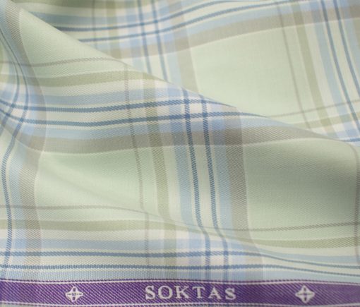 Soktas Men's Giza Cotton Checks 2 Meter Unstitched Shirting Fabric (Light Olive Green)