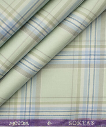 Soktas Men's Giza Cotton Checks 2 Meter Unstitched Shirting Fabric (Light Olive Green)