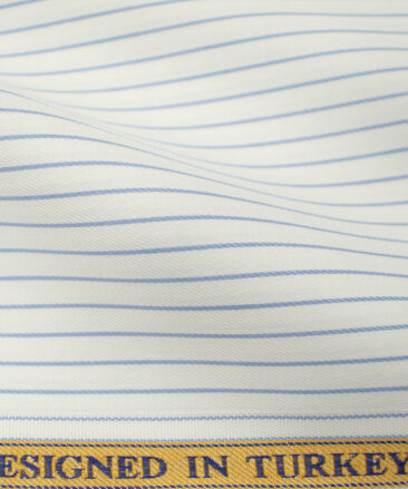 Soktas Men's Giza Cotton Striped 2 Meter Unstitched Shirting Fabric (White & Blue)