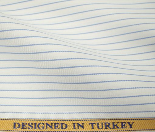 Soktas Men's Giza Cotton Striped 2 Meter Unstitched Shirting Fabric (White & Blue)