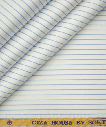 Soktas Men's Giza Cotton Striped 2 Meter Unstitched Shirting Fabric (White & Blue)