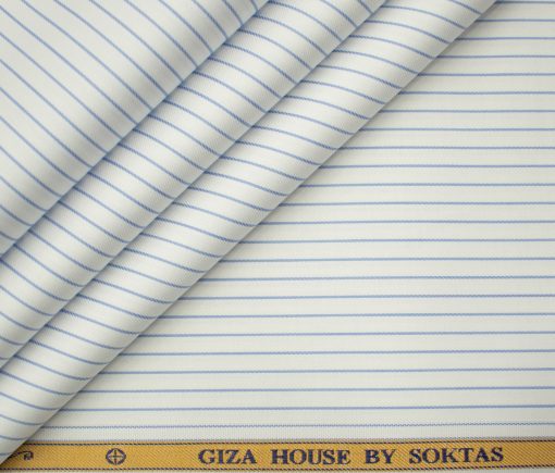 Soktas Men's Giza Cotton Striped 2 Meter Unstitched Shirting Fabric (White & Blue)