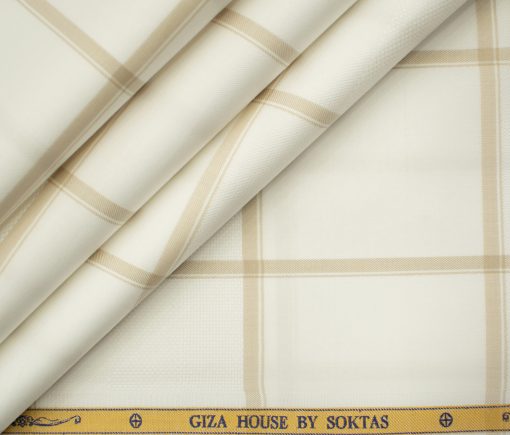 Soktas Men's Giza Cotton Checks 2 Meter Unstitched Shirting Fabric (White & Brown)