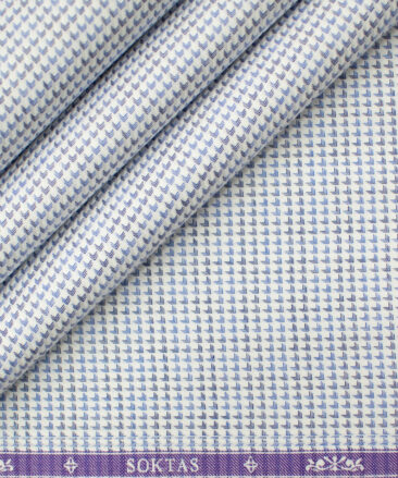 Soktas Men's Giza Cotton Structured 2 Meter Unstitched Shirting Fabric (White & Blue)