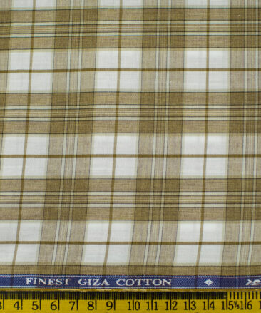 Soktas Men's Giza Cotton Checks 2 Meter Unstitched Shirting Fabric (White & Brown)