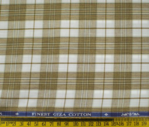 Soktas Men's Giza Cotton Checks 2 Meter Unstitched Shirting Fabric (White & Brown)