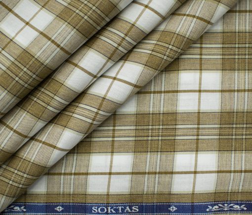 Soktas Men's Giza Cotton Checks 2 Meter Unstitched Shirting Fabric (White & Brown)