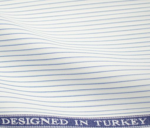 Soktas Men's Giza Cotton Striped 2 Meter Unstitched Shirting Fabric (White & Blue)