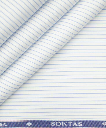 Soktas Men's Giza Cotton Striped 2 Meter Unstitched Shirting Fabric (White & Blue)