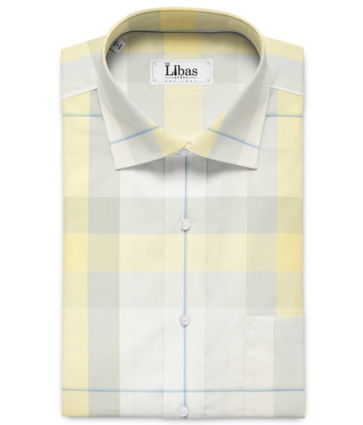 Soktas Men's Giza Cotton Checks 2 Meter Unstitched Shirting Fabric (White & Yellow)