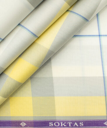 Soktas Men's Giza Cotton Checks 2 Meter Unstitched Shirting Fabric (White & Yellow)