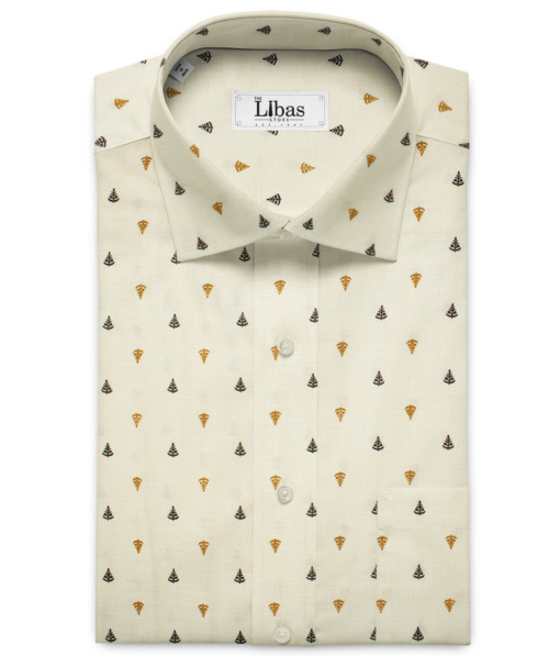 Burgoyne Men's Irish Linen 60 LEA Printed 2.25 Meter Unstitched Shirting Fabric (Cream & Brown)