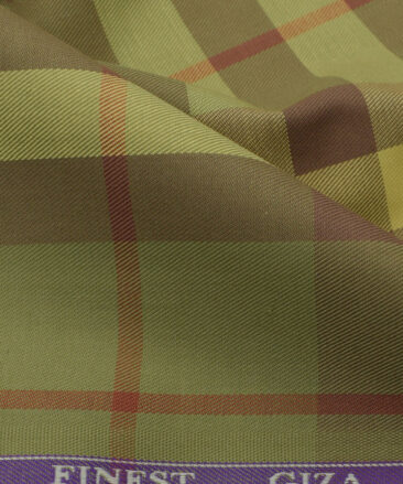 Soktas Men's Giza Cotton Checks 2.25 Meter Unstitched Shirting Fabric (Olive Green)