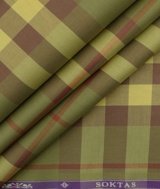 Soktas Men's Giza Cotton Checks 2.25 Meter Unstitched Shirting Fabric (Olive Green)