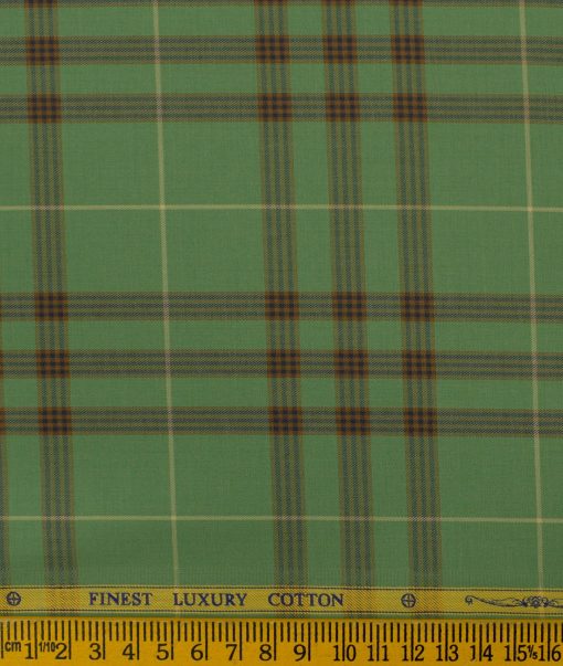 Soktas Men's Luxury Cotton Checks 2.25 Meter Unstitched Shirting Fabric (Olive Green)