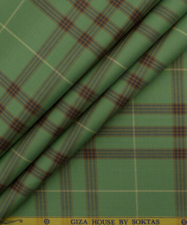 Soktas Men's Luxury Cotton Checks 2.25 Meter Unstitched Shirting Fabric (Olive Green)