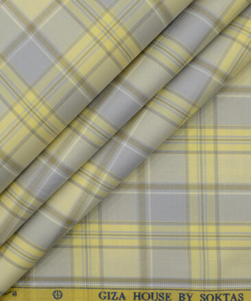 Soktas Men's Giza Cotton Checks 2.25 Meter Unstitched Shirting Fabric (Yellow)