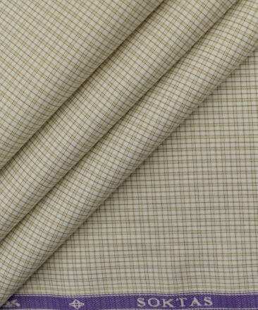 Soktas Men's Giza Cotton Checks 2.25 Meter Unstitched Shirting Fabric (White & Brown)