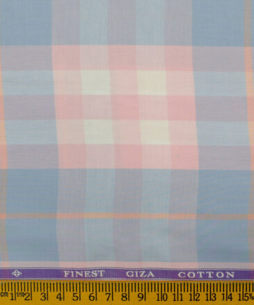 Soktas Men's Giza Cotton Checks 2.25 Meter Unstitched Shirting Fabric (Blue & Pink)