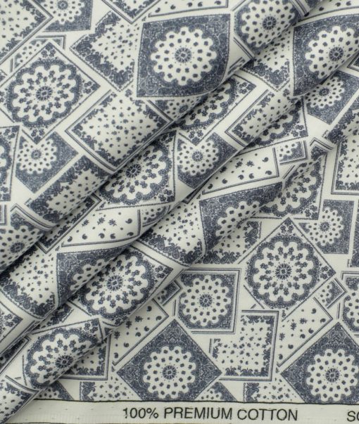 Solino Men's Premium Cotton Printed 2.25 Meter Unstitched Shirting Fabric (White & Blue)