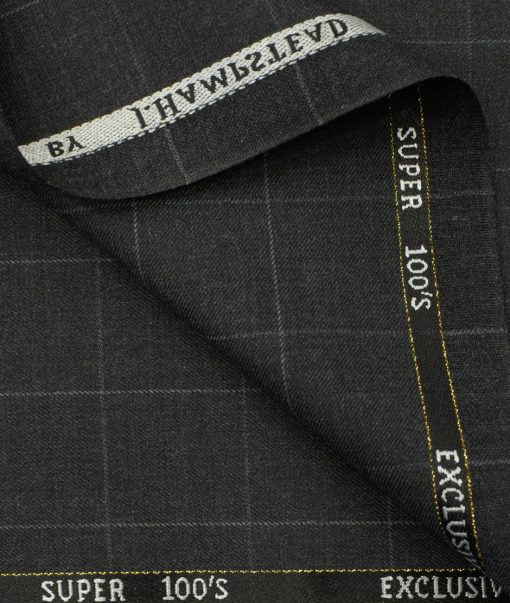 J.Hampstead Men's Wool Checks Super 100's 3.75 Meter Unstitched Suiting Fabric (Dark Grey)