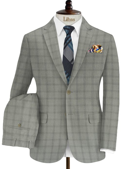 J.Hampstead Men's Wool Checks Super 100's 3.75 Meter Unstitched Suiting Fabric (Light Grey)