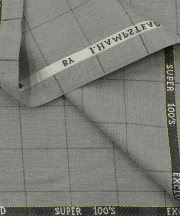 J.Hampstead Men's Wool Checks Super 100's3.75 Meter Unstitched Suiting Fabric (Light Grey)