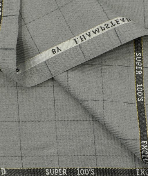 J.Hampstead Men's Wool Checks Super 100's3.75 Meter Unstitched Suiting Fabric (Light Grey)