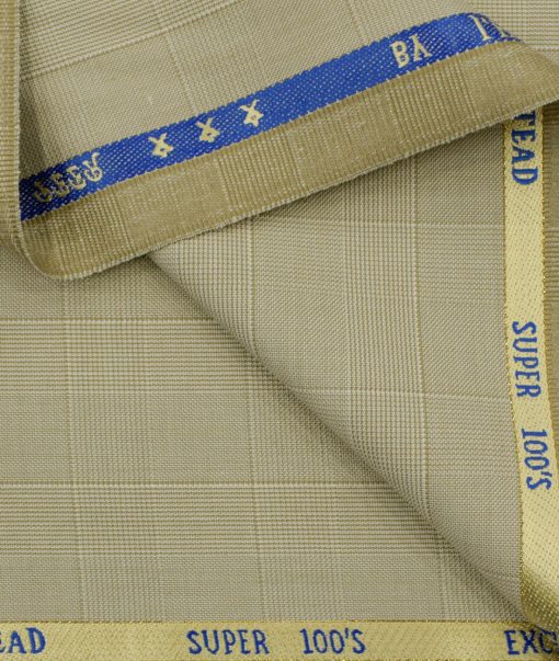 J.Hampstead Men's Wool Checks Super 100's 3.75 Meter Unstitched Suiting Fabric (Beige)