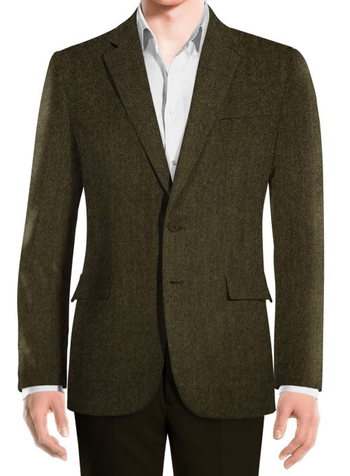 OCM Men's Wool Herringbone Thick  2 Meter Unstitched Tweed Jacketing & Blazer Fabric (Brownish Green)